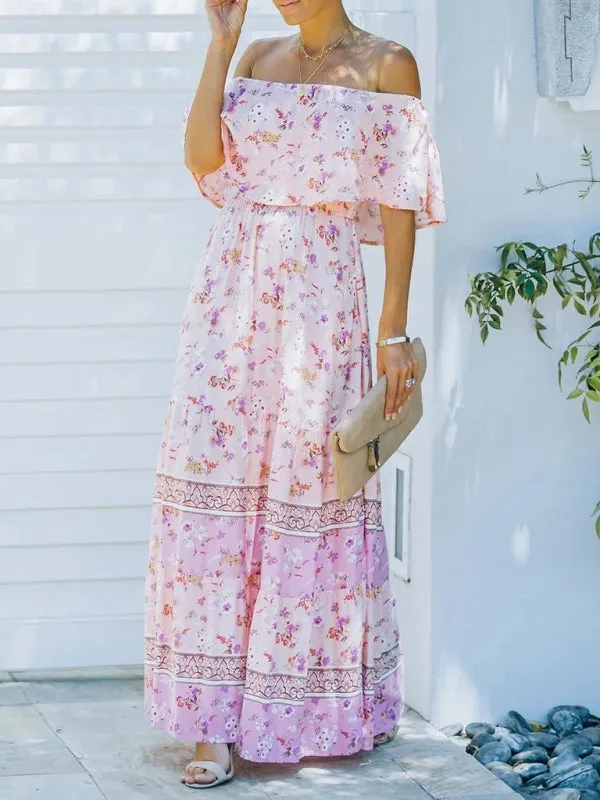 One-Shoulder Maxi Dress with Floral Print and Ruffled Neckline