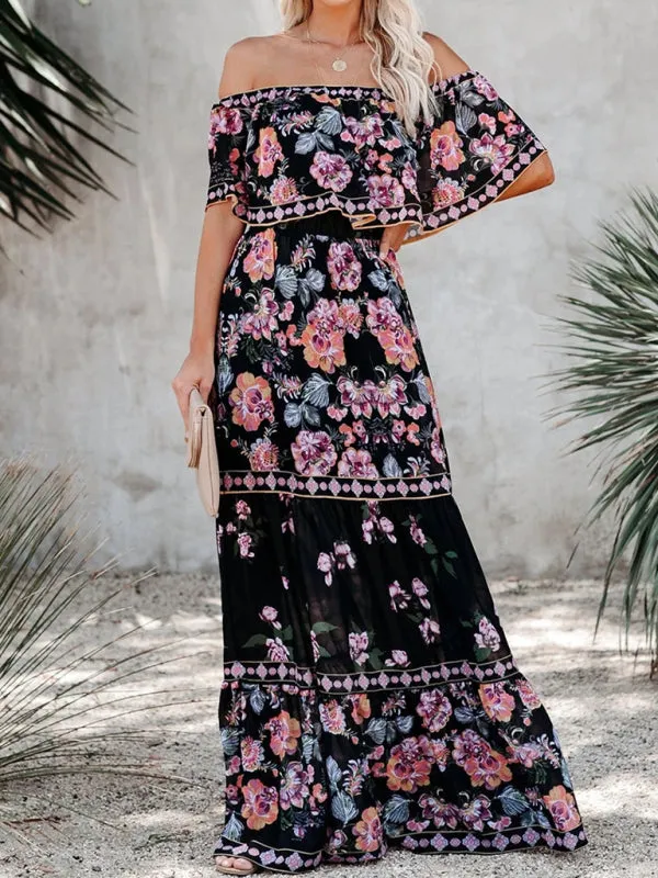 One-Shoulder Maxi Dress with Floral Print and Ruffled Neckline