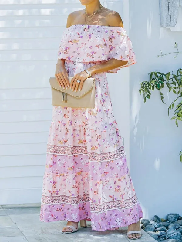 One-Shoulder Maxi Dress with Floral Print and Ruffled Neckline