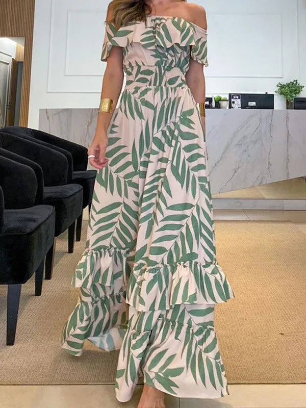 One-Shoulder Maxi Dress with Leaf Print and Ruffled Tiers