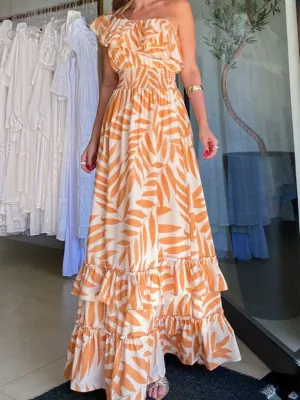 One-Shoulder Maxi Dress with Leaf Print and Ruffled Tiers