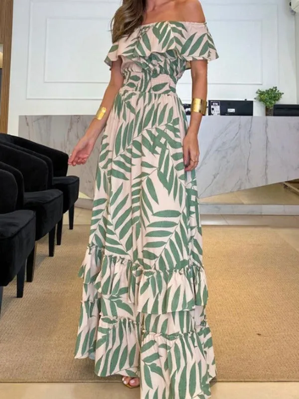 One-Shoulder Maxi Dress with Leaf Print and Ruffled Tiers