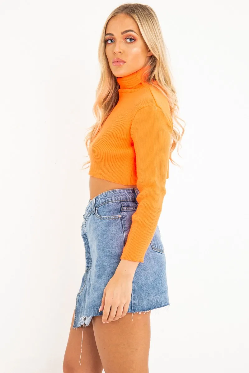 Orange Rib Roll Neck Crop Jumper - Hayvin