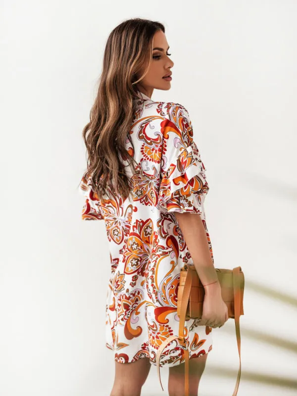 Paisley Print Mini Dress with Ruffled Sleeves and Stand-Up Collar