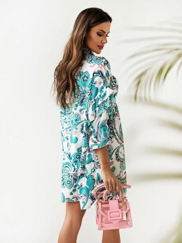 Paisley Print Mini Dress with Ruffled Sleeves and Stand-Up Collar