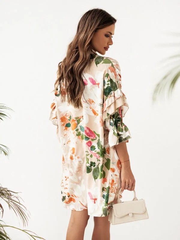 Paisley Print Mini Dress with Ruffled Sleeves and Stand-Up Collar