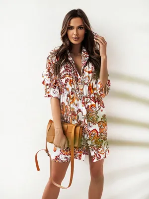 Paisley Print Mini Dress with Ruffled Sleeves and Stand-Up Collar