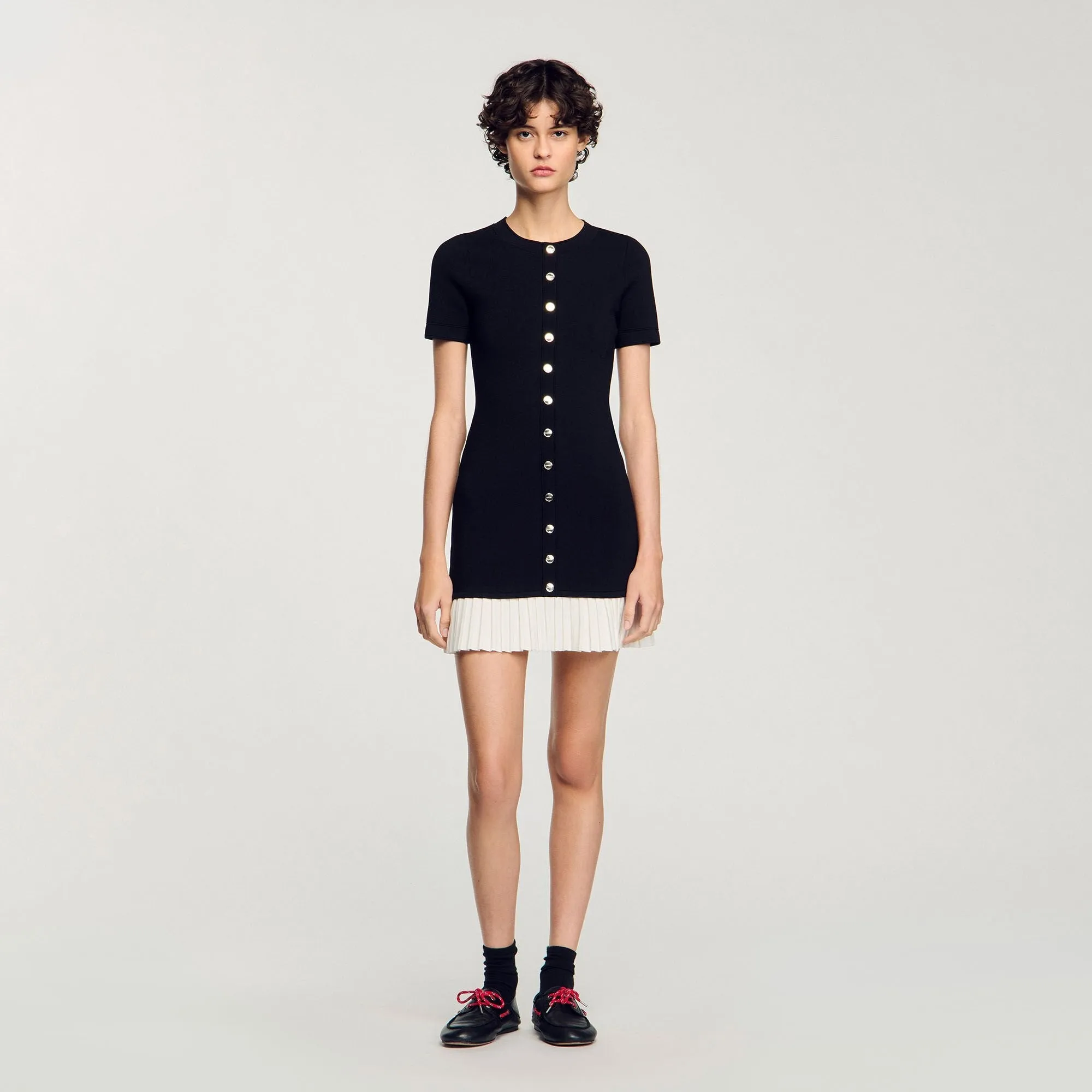 Paradis Short Knit Dress With Ruffle Black / Ecru