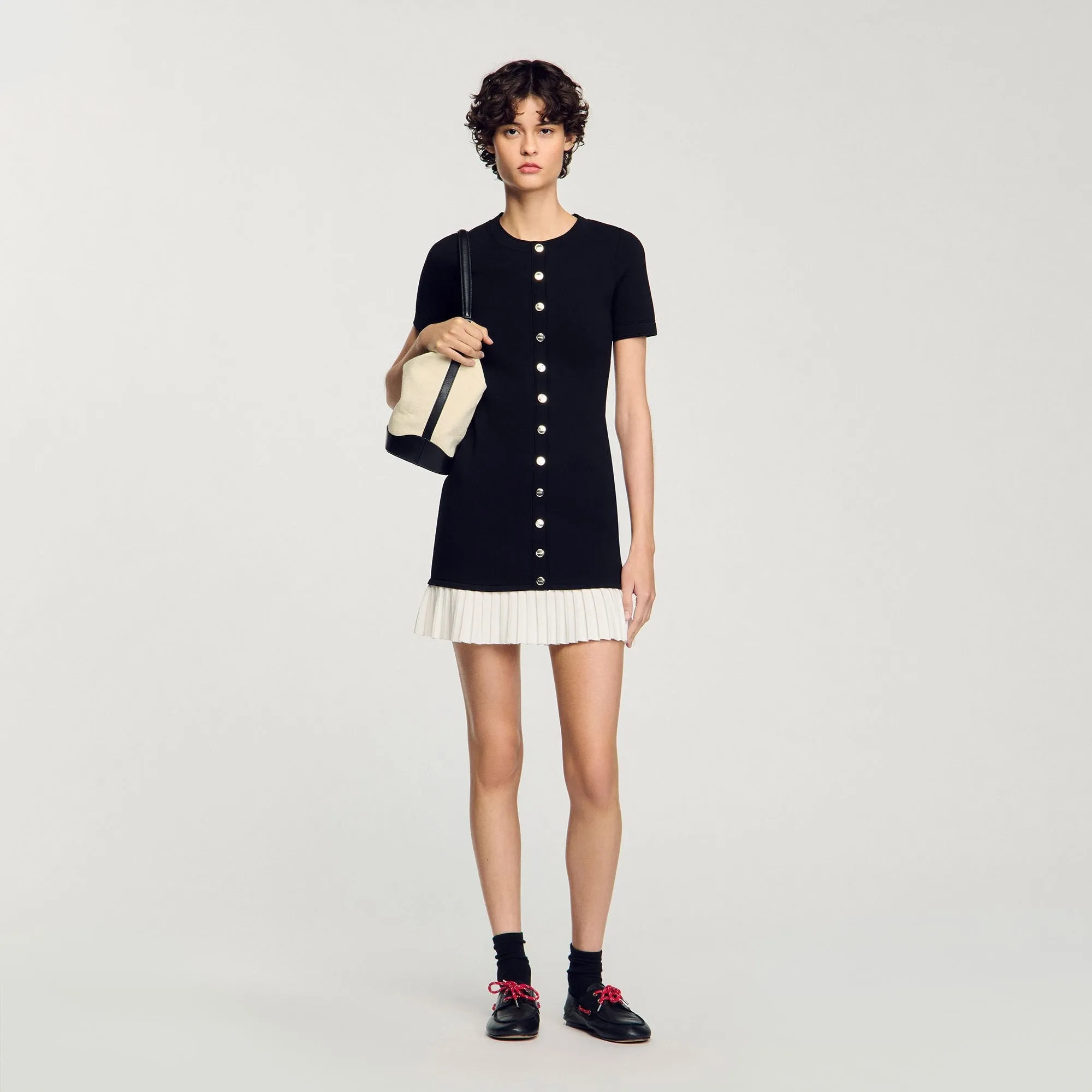 Paradis Short Knit Dress With Ruffle Black / Ecru