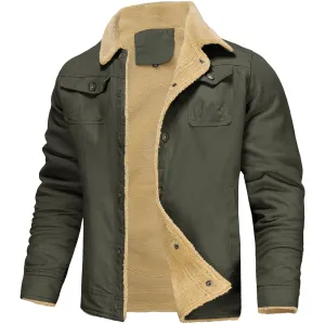 PEGENO Mens Cotton Cargo Jackets Winter Sherpa Lined Fleece Jackets Trucker Jacket Army Green medium