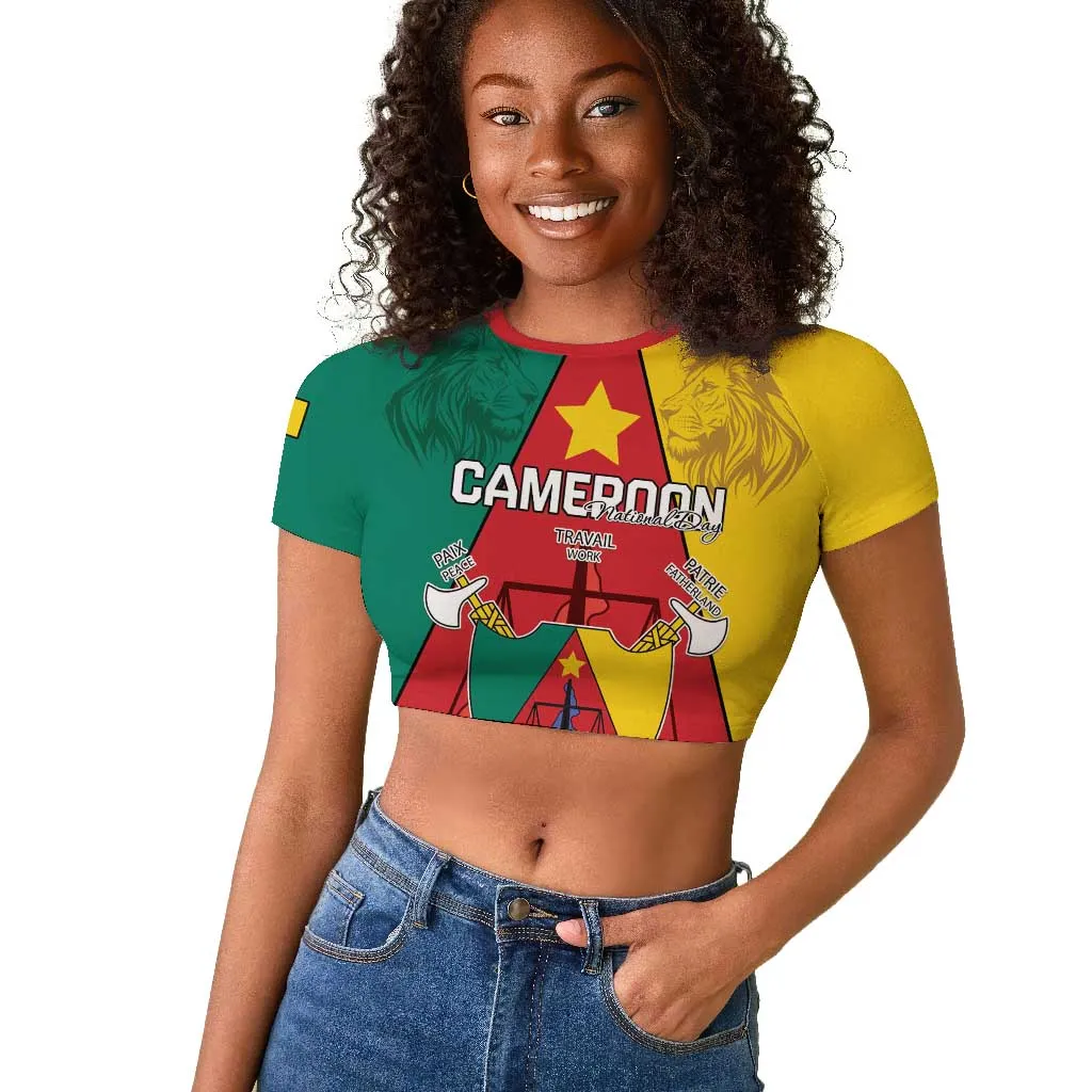 Personalised Cameroon National Day Raglan Cropped T shirt Lion Mix Coat Of Arms Style LT15