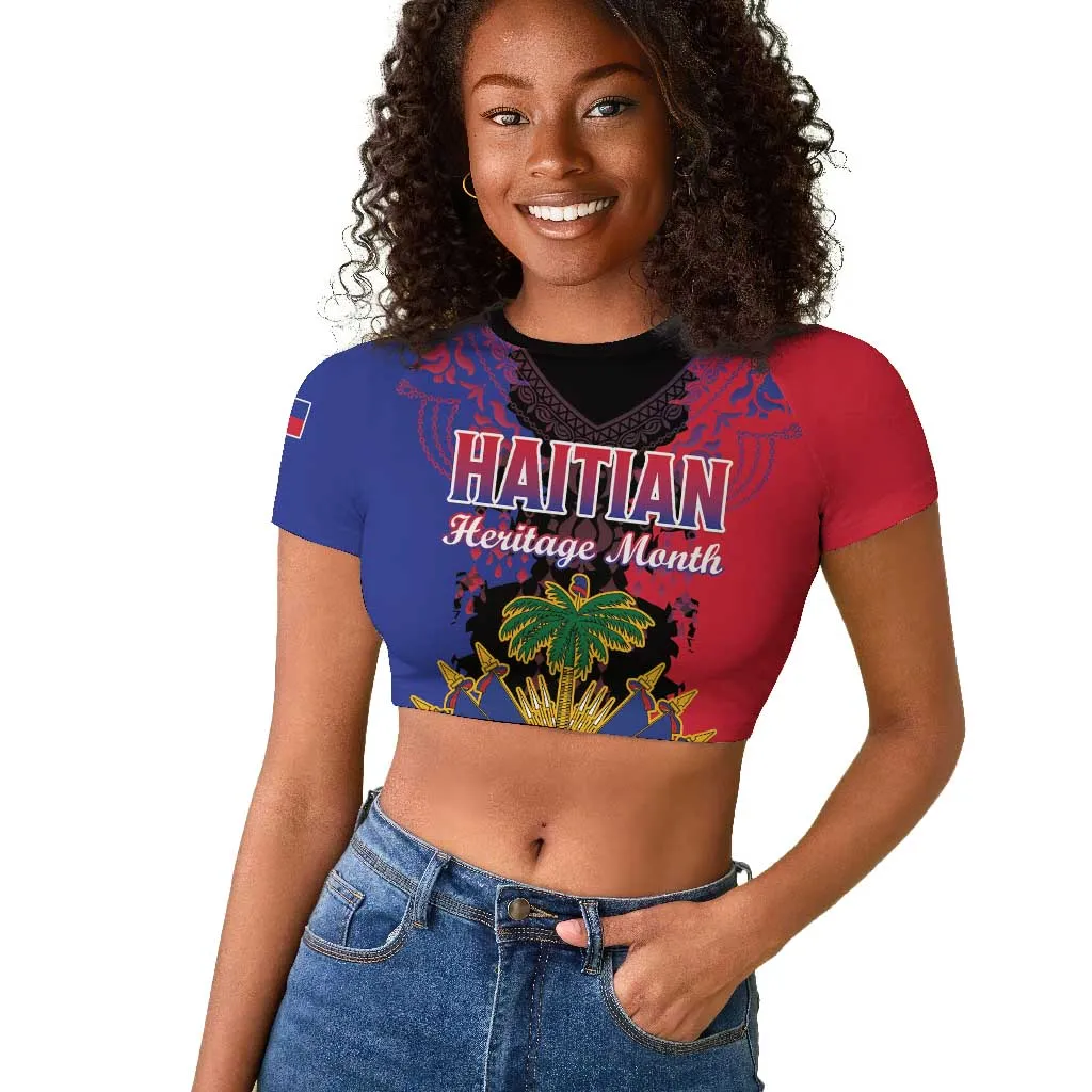 Personalised Haitian Heritage Month Raglan Cropped T shirt Coat Of Arms With Dashiki Pattern LT15