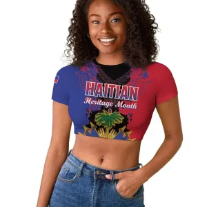 Personalised Haitian Heritage Month Raglan Cropped T shirt Coat Of Arms With Dashiki Pattern LT15