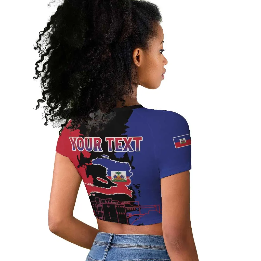 Personalised Haitian Heritage Month Raglan Cropped T shirt Coat Of Arms With Dashiki Pattern LT15
