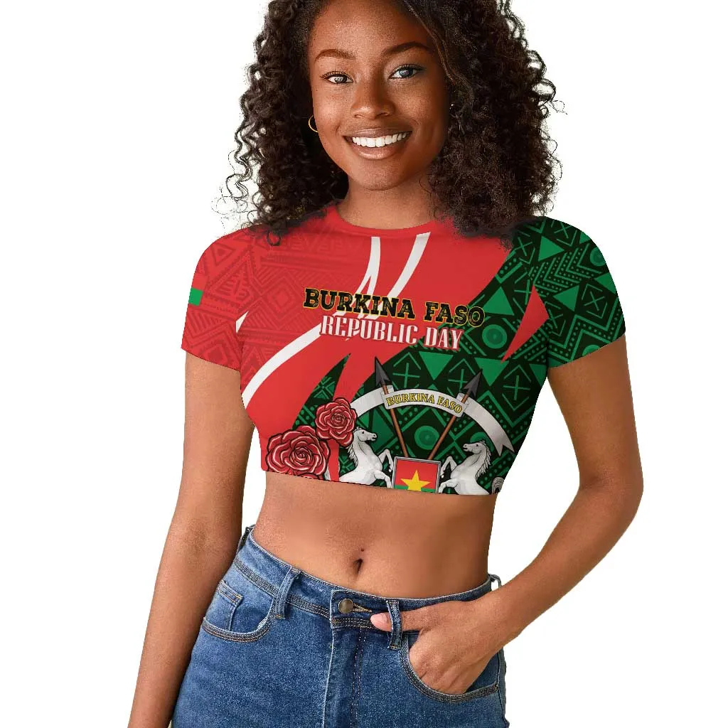 Personalized Burkina Faso Republic Day Raglan Cropped T shirt Bogolan Mudcloth - Coat Of Arms Design LT14