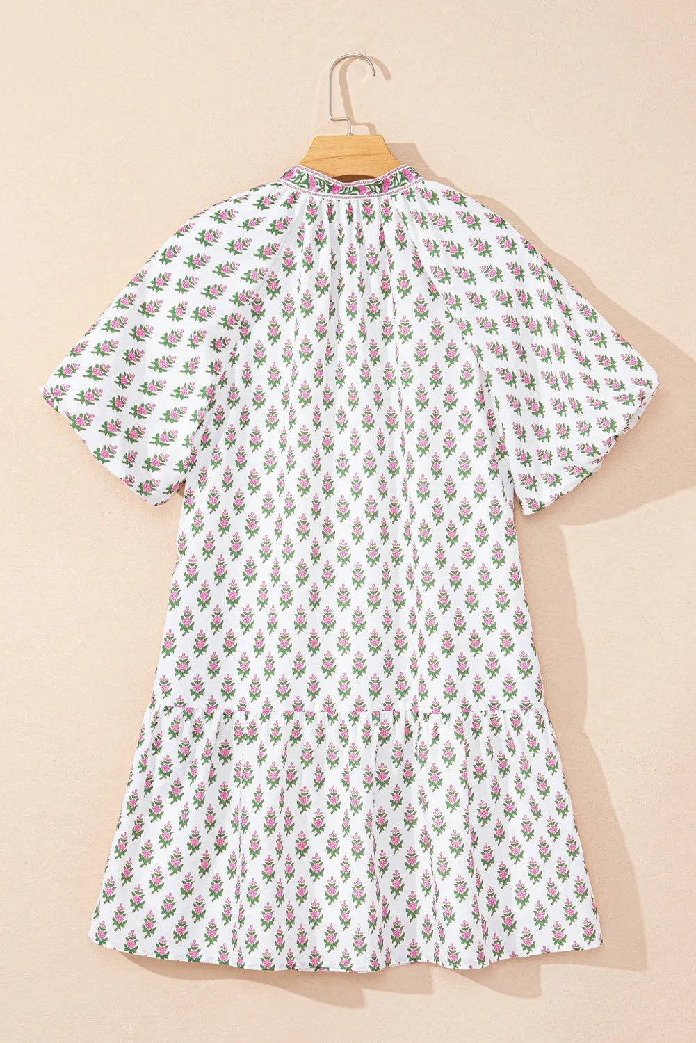 Pink Floral Print Bubble Sleeve Neck Tie Ruffled Dress