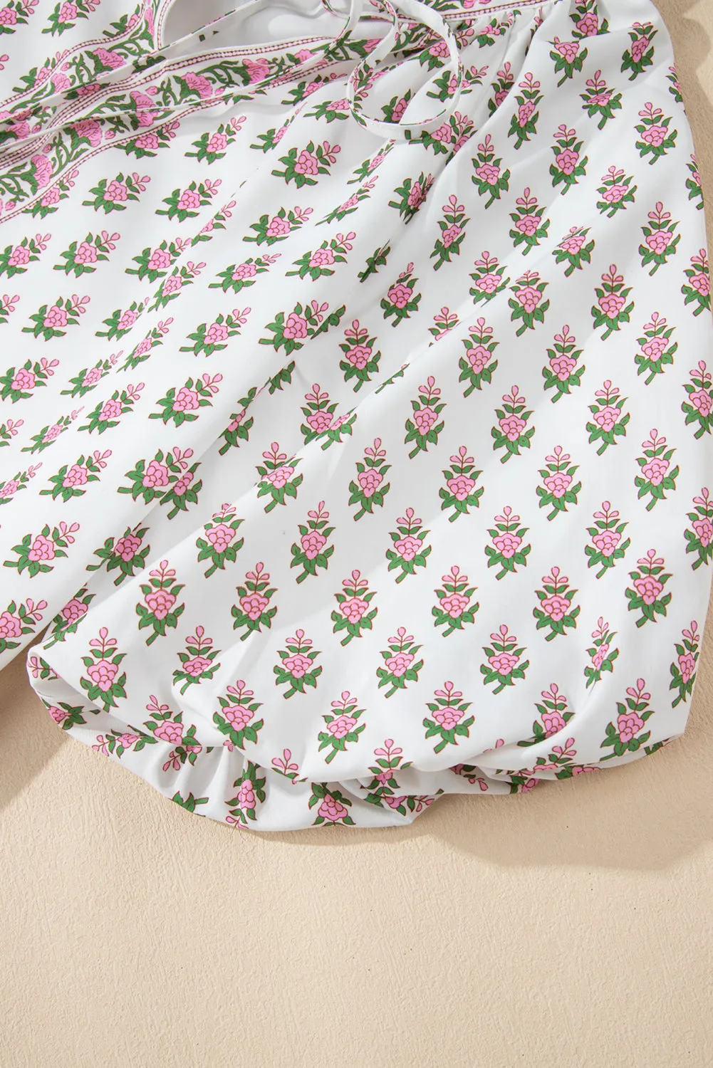 Pink Floral Print Bubble Sleeve Neck Tie Ruffled Dress