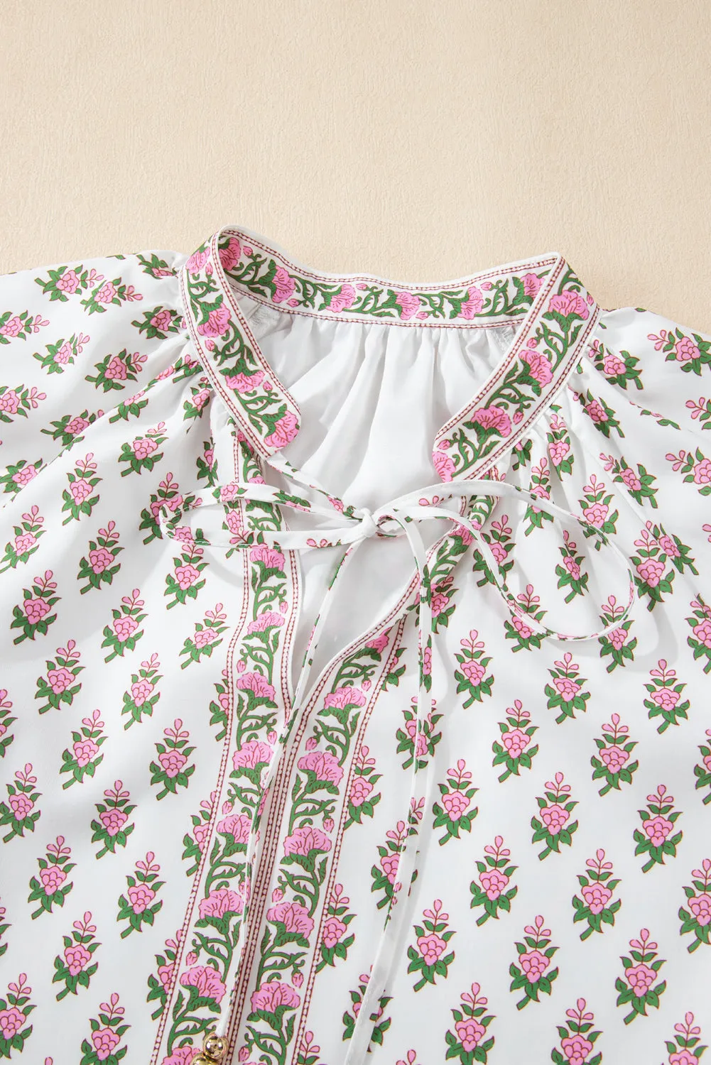 Pink Floral Print Bubble Sleeve Neck Tie Ruffled Dress