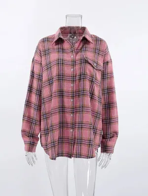 Plaid Shirt for Women Street Wear Casual Long Sleeve Single-Breasted Oversized Shirt
