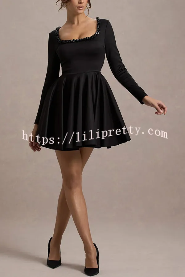 Playful Elegance Pearl Embellished Trim Long Sleeve Pleated Mini Dress