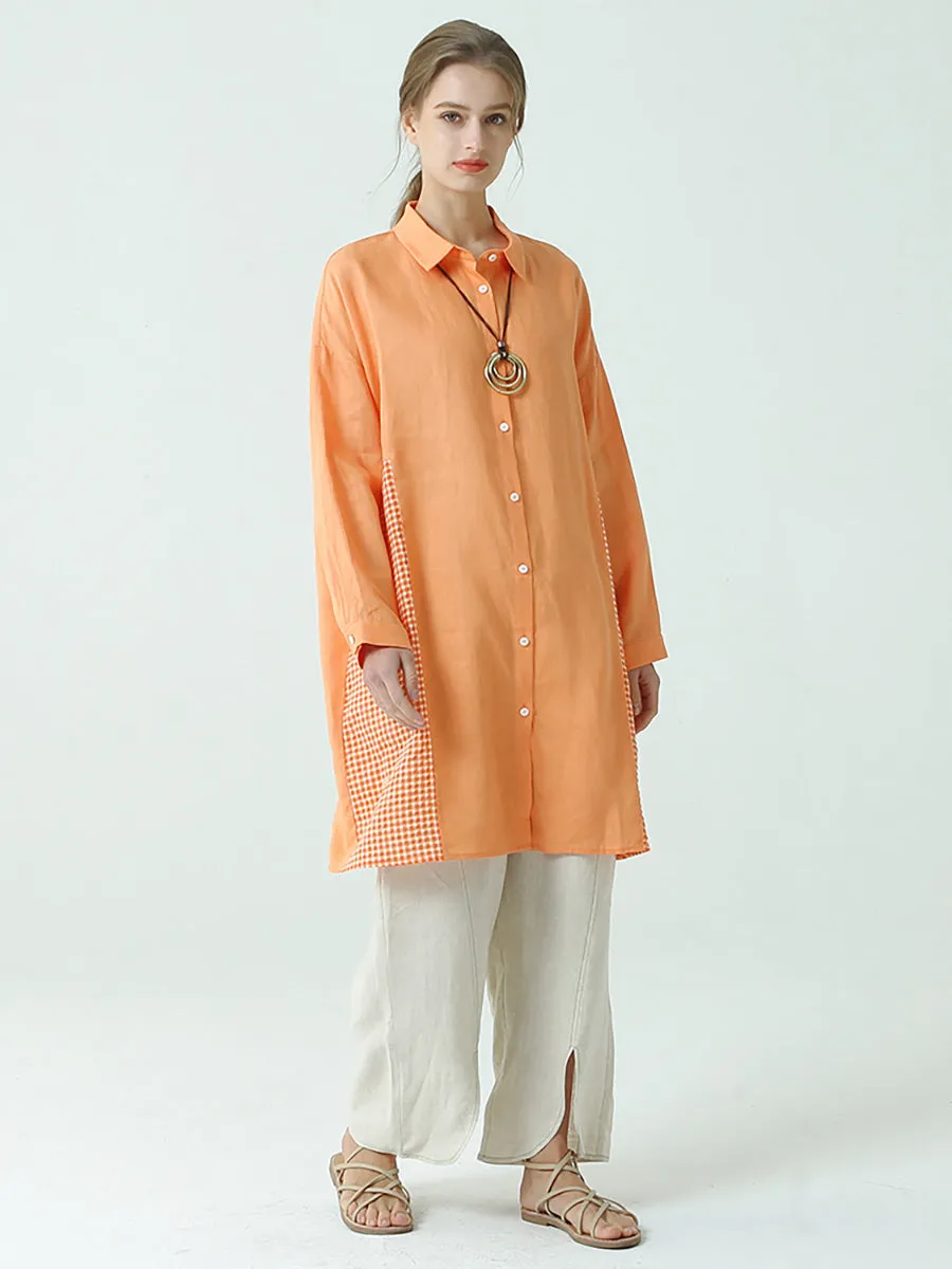 Plus Size WomenLinen Patchwork Plaid Long Sleeve Shirt