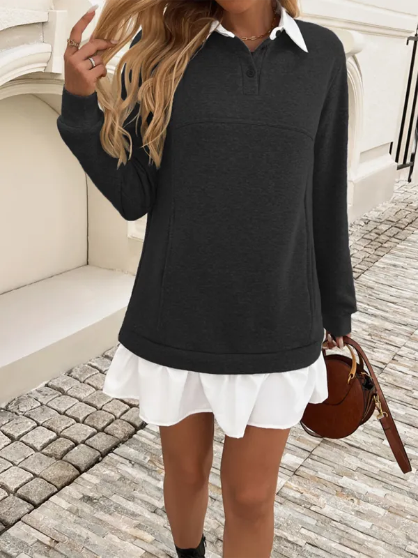 Polo Neck Sweatshirt Dress with Patchwork and Ruffled Skirt