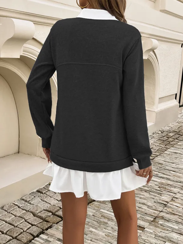 Polo Neck Sweatshirt Dress with Patchwork and Ruffled Skirt