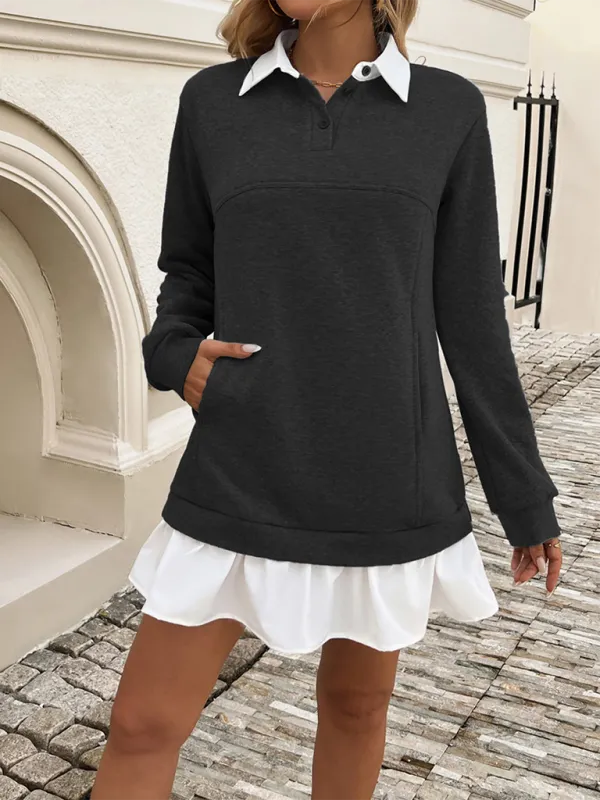 Polo Neck Sweatshirt Dress with Patchwork and Ruffled Skirt