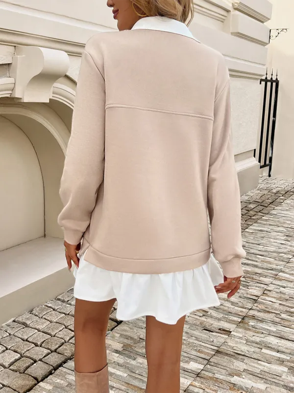Polo Neck Sweatshirt Dress with Patchwork and Ruffled Skirt