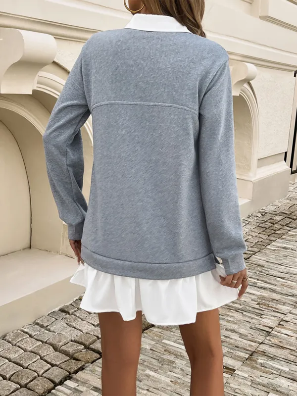 Polo Neck Sweatshirt Dress with Patchwork and Ruffled Skirt