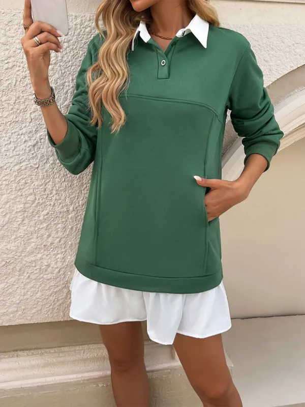 Polo Neck Sweatshirt Dress with Patchwork and Ruffled Skirt