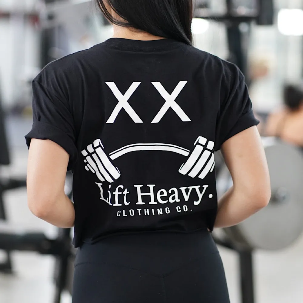 PRETTY GIRLS LIFT HEAVY (LIME/WHITE) LOGO - BLACK CROPPED T-SHIRT