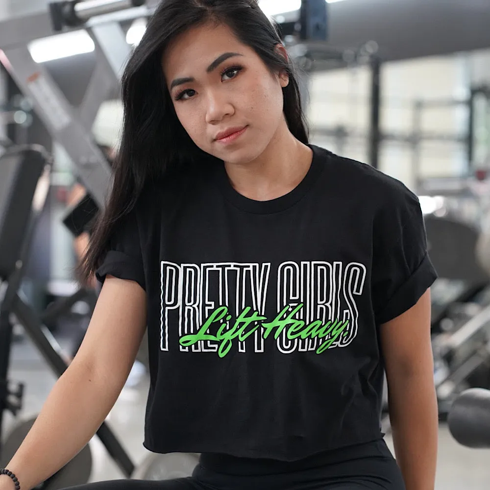 PRETTY GIRLS LIFT HEAVY (LIME/WHITE) LOGO - BLACK CROPPED T-SHIRT