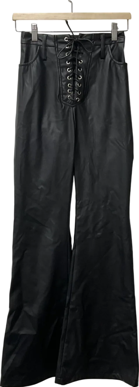PrettyLittleThing Black Faux Leather Pleat Detail Flare Trousers UK 6
