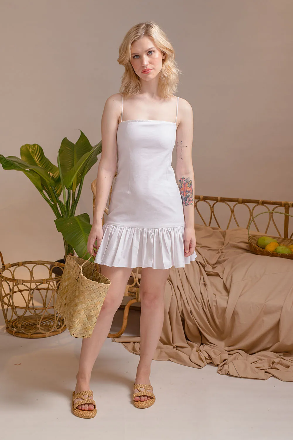 PUEBLA Ruffled Hem Mini Dress with Strappy Straight Cut Neckline (White Linen)
