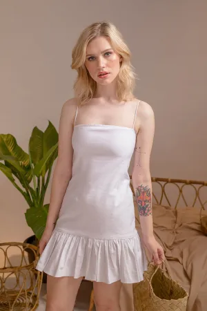 PUEBLA Ruffled Hem Mini Dress with Strappy Straight Cut Neckline (White Linen)