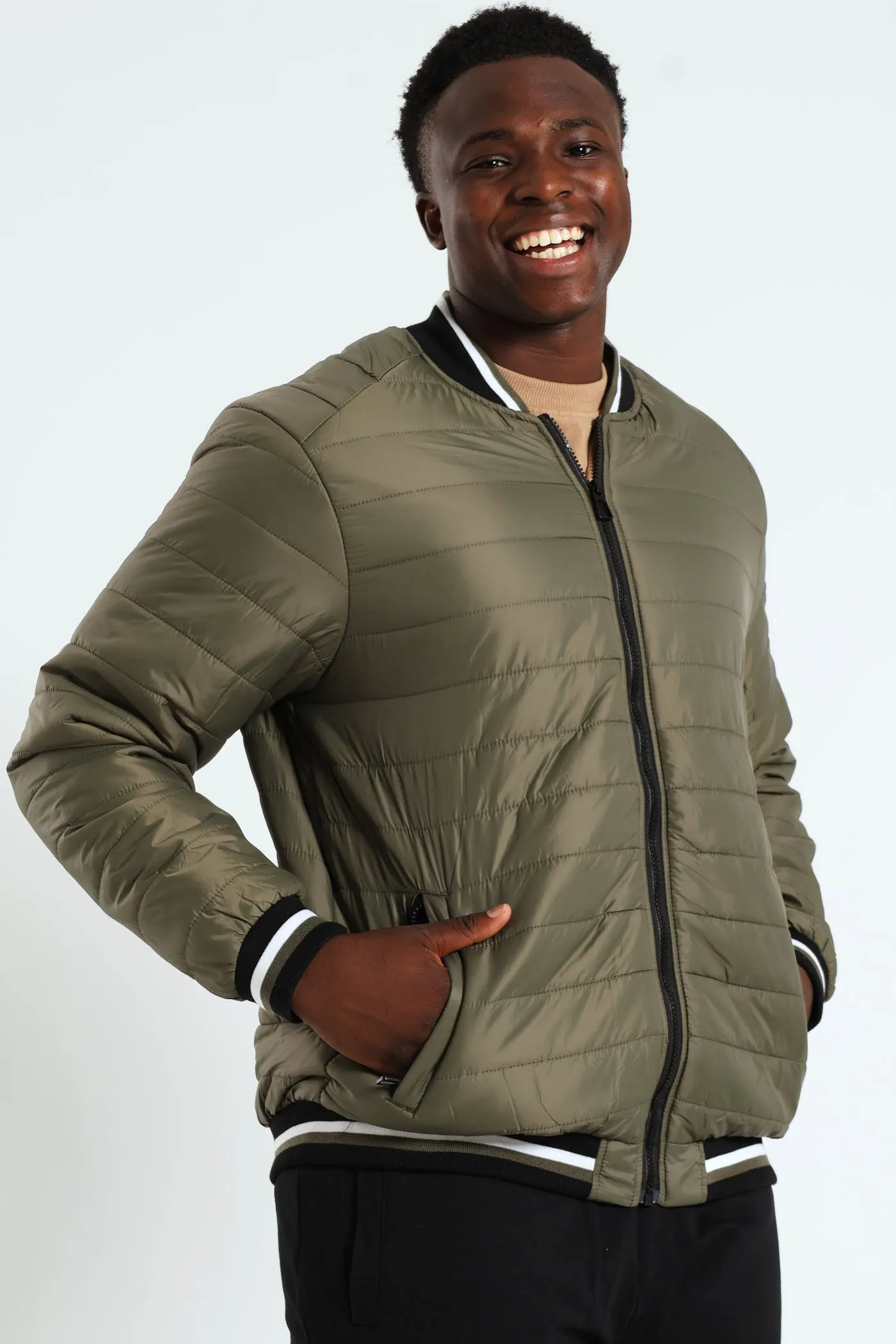 Quilted Tipped Sherpa Lined Bomber - Olive