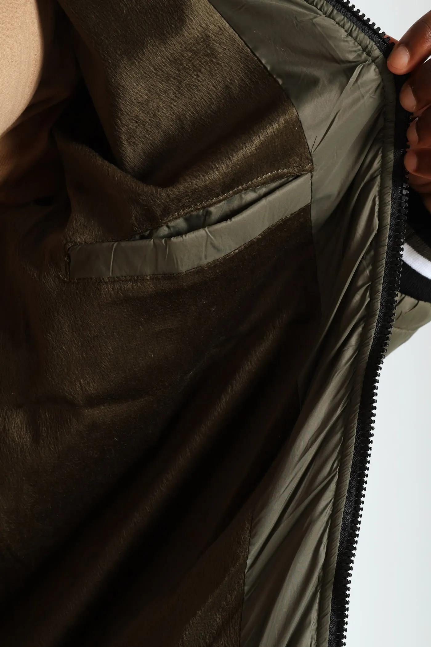 Quilted Tipped Sherpa Lined Bomber - Olive