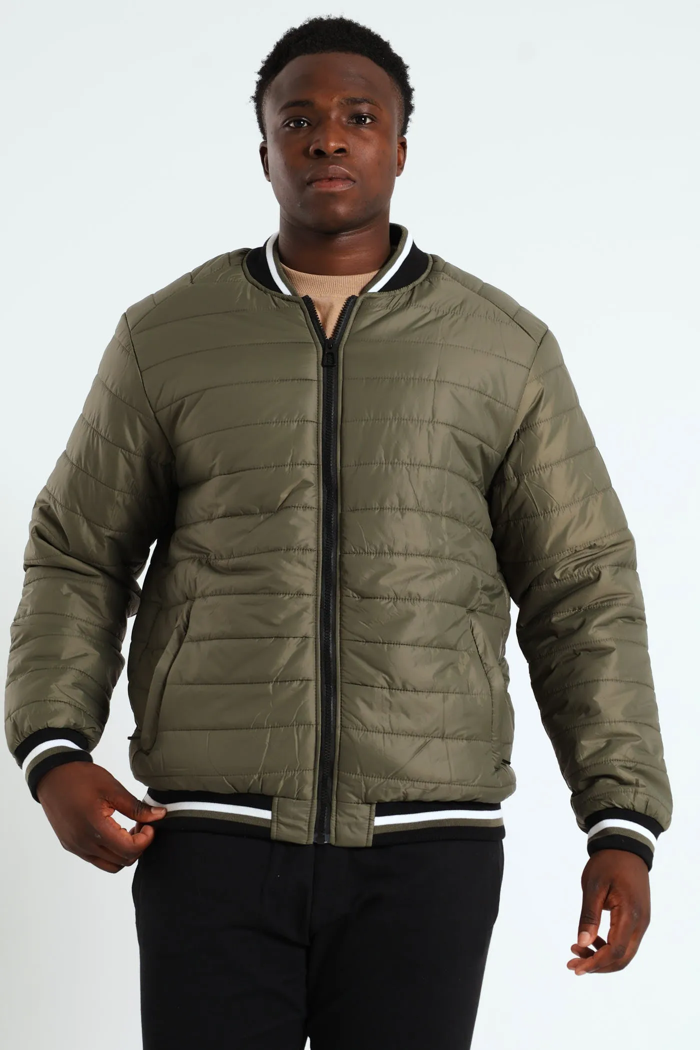 Quilted Tipped Sherpa Lined Bomber - Olive