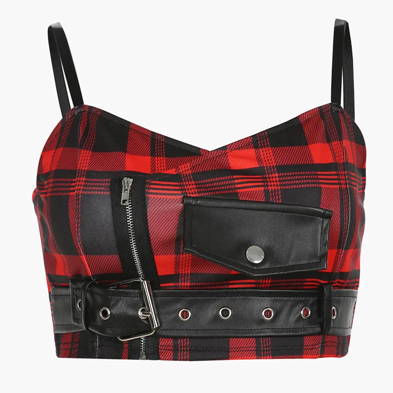 "PLAID ZIP LEATHER BUCKLE" SHORT CAMISOLE VEST K062708