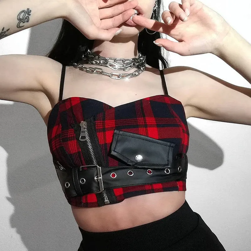 "PLAID ZIP LEATHER BUCKLE" SHORT CAMISOLE VEST K062708