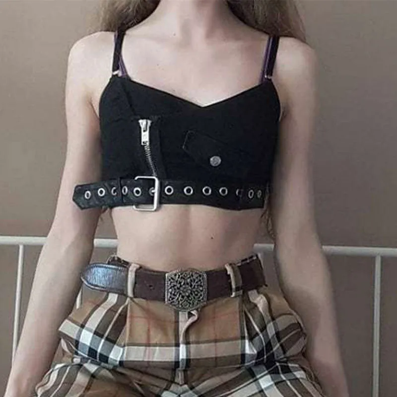 "PLAID ZIP LEATHER BUCKLE" SHORT CAMISOLE VEST K062708