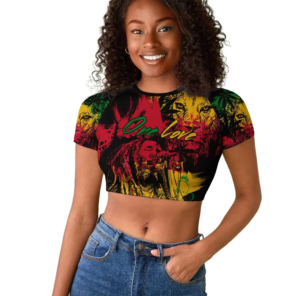 Rastafarian Lion Legend Bob Raglan Cropped T shirt Black Jamaican Reggae Festival Sketch Portrait LT9