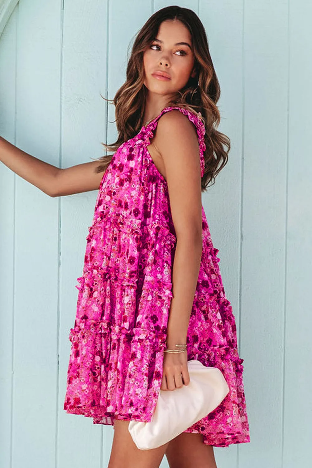 Rose Red Tiered Ruffled Square Neck Sleeveless Floral Mini Dress