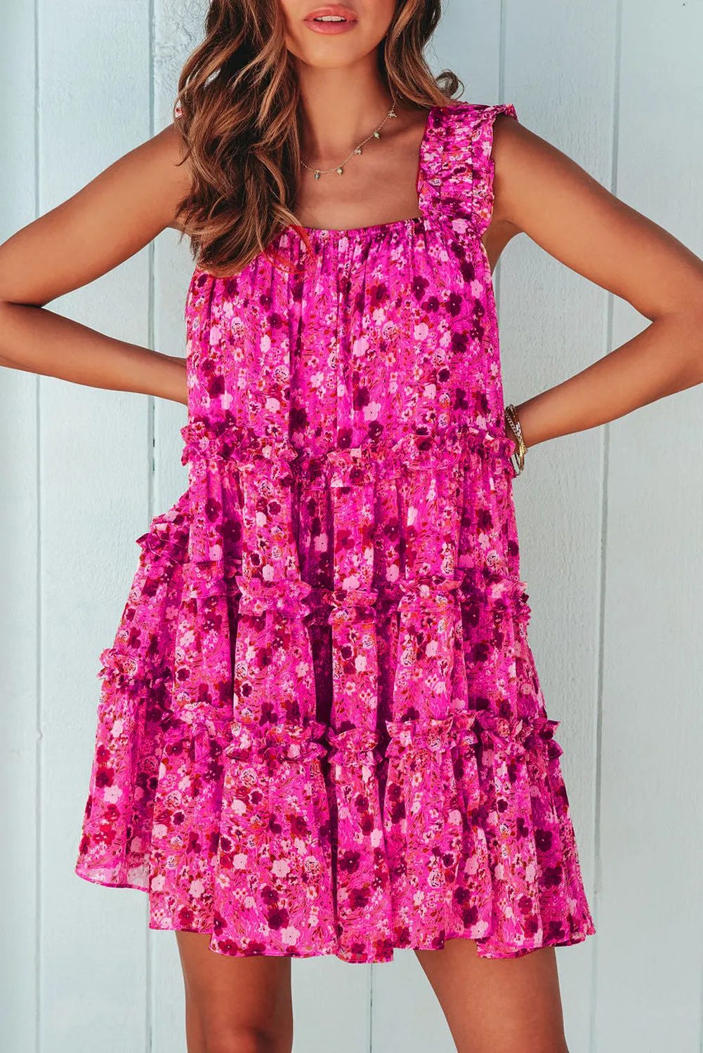 Rose Red Tiered Ruffled Square Neck Sleeveless Floral Mini Dress