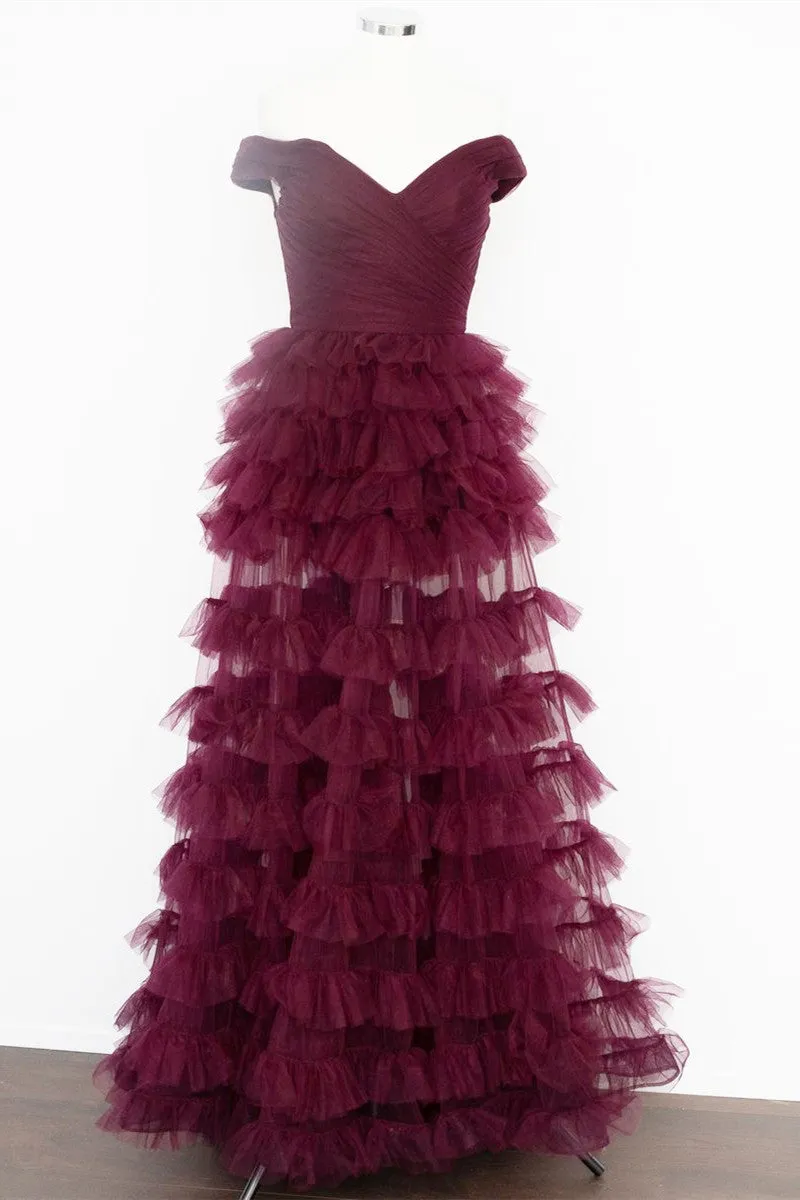 Roycebridal Fallon | Off the Shoulder Dark Berry Pleated Sheer Tiered Prom Dress