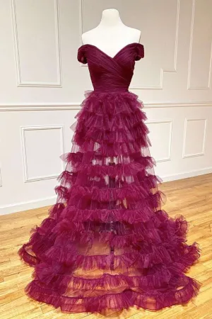Roycebridal Fallon | Off the Shoulder Dark Berry Pleated Sheer Tiered Prom Dress