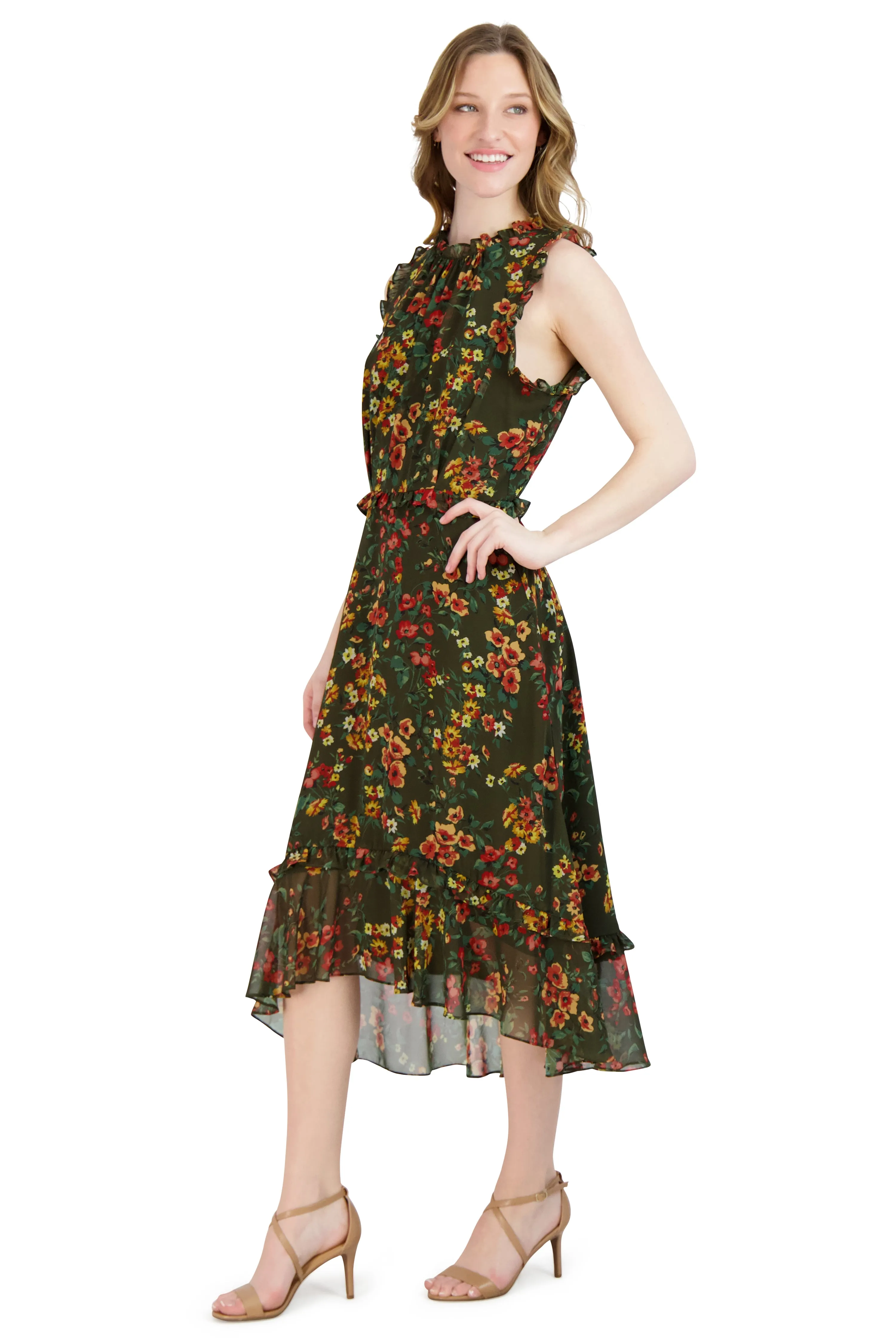 Ruffle Neck Sleeve Hem Dress
