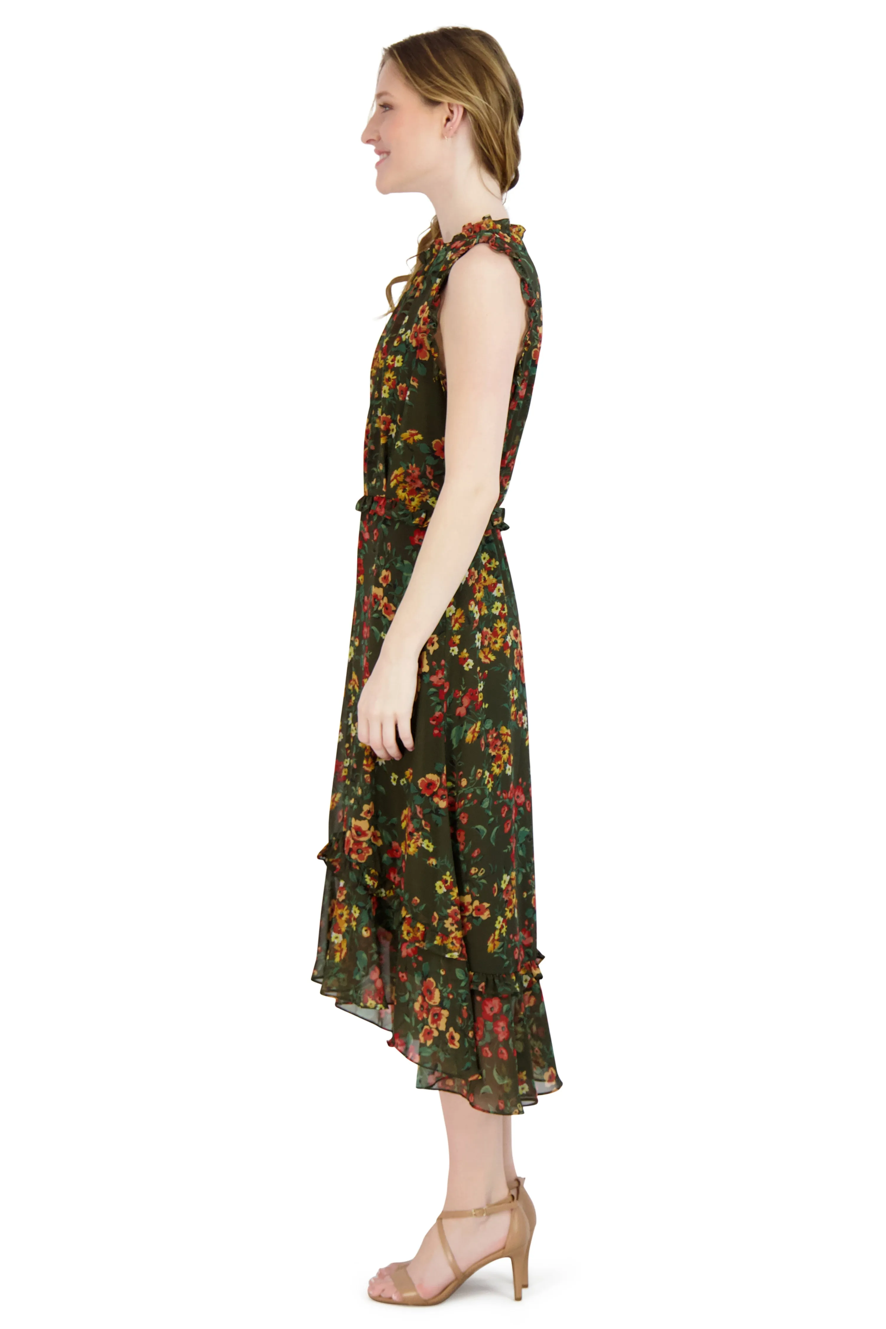 Ruffle Neck Sleeve Hem Dress
