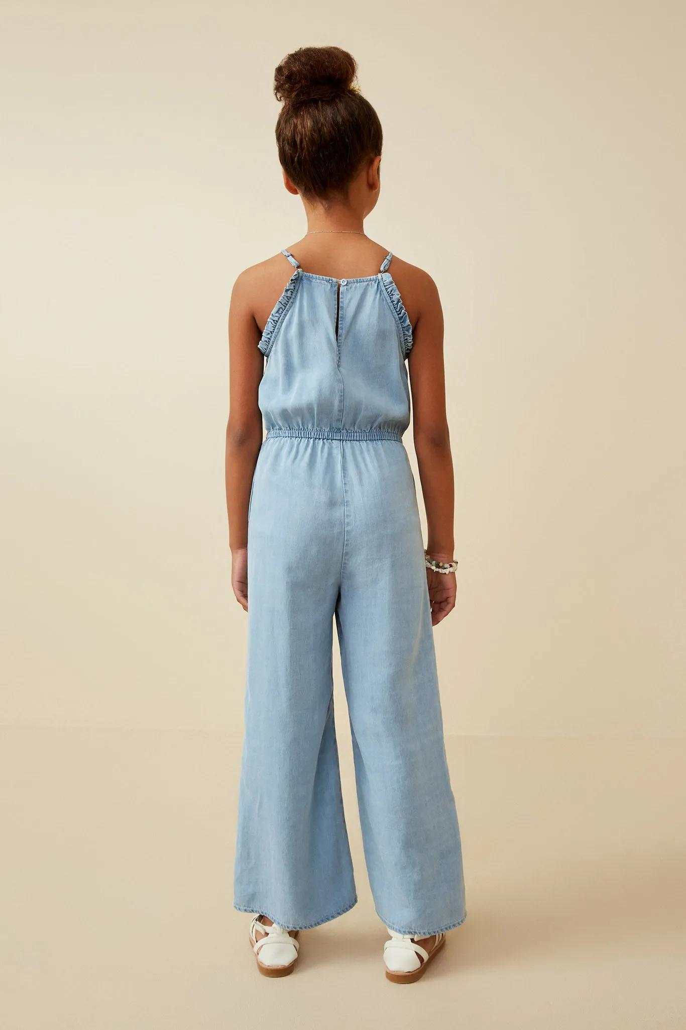 Ruffled Halter Wideleg Denim Tencel Jumpsuit
